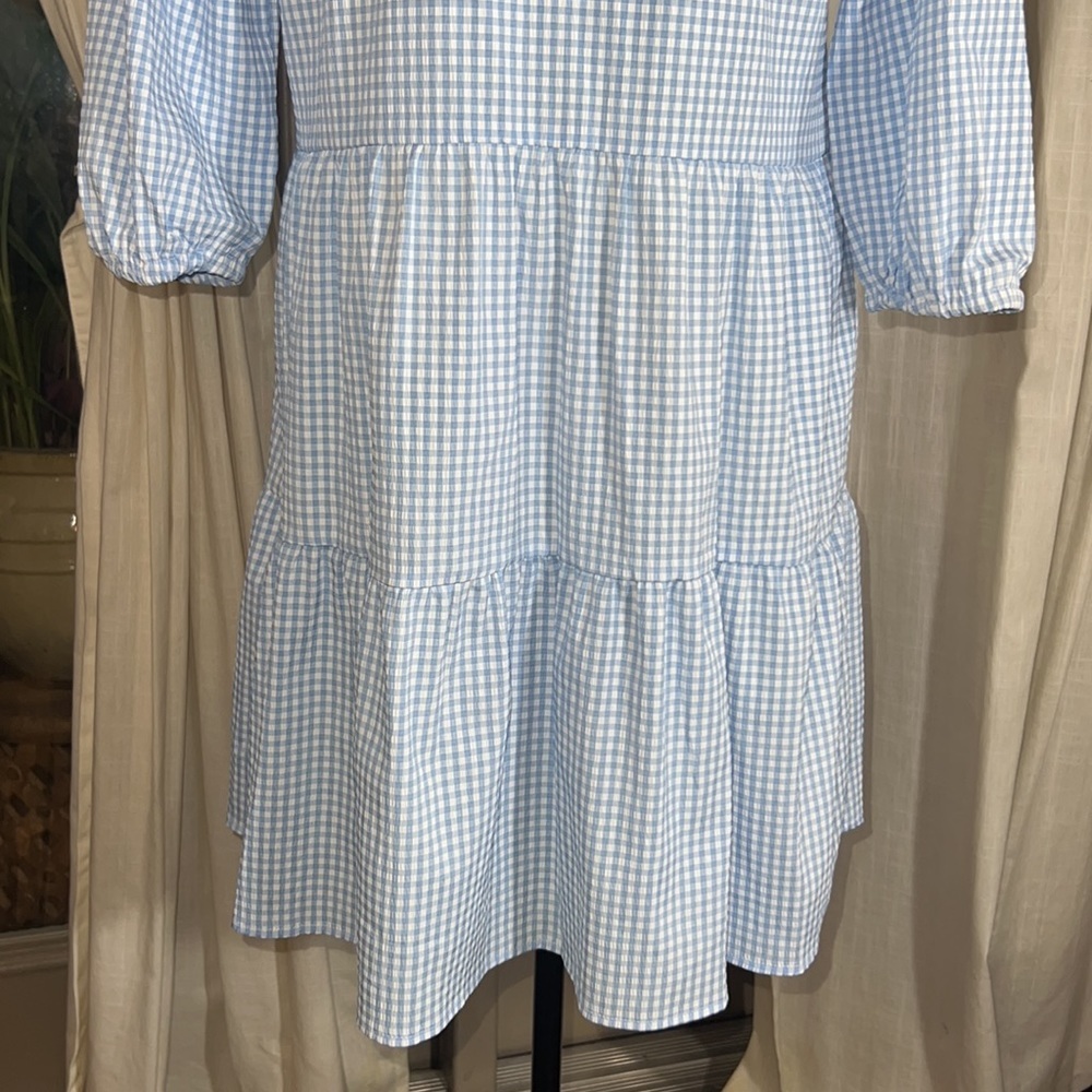 White & baby blue plaid prairie dress Dorothy style lightweight cool loose fit S - Picture 8 of 12